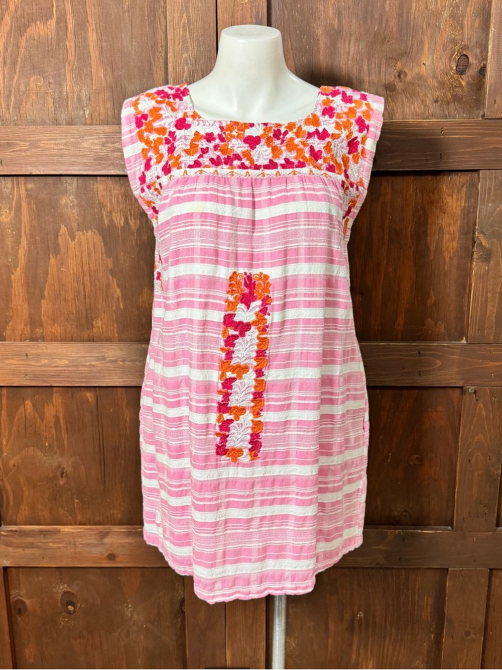 Maripe Pink Striped Mini Dress with Orange & Fuchsia Embroidery